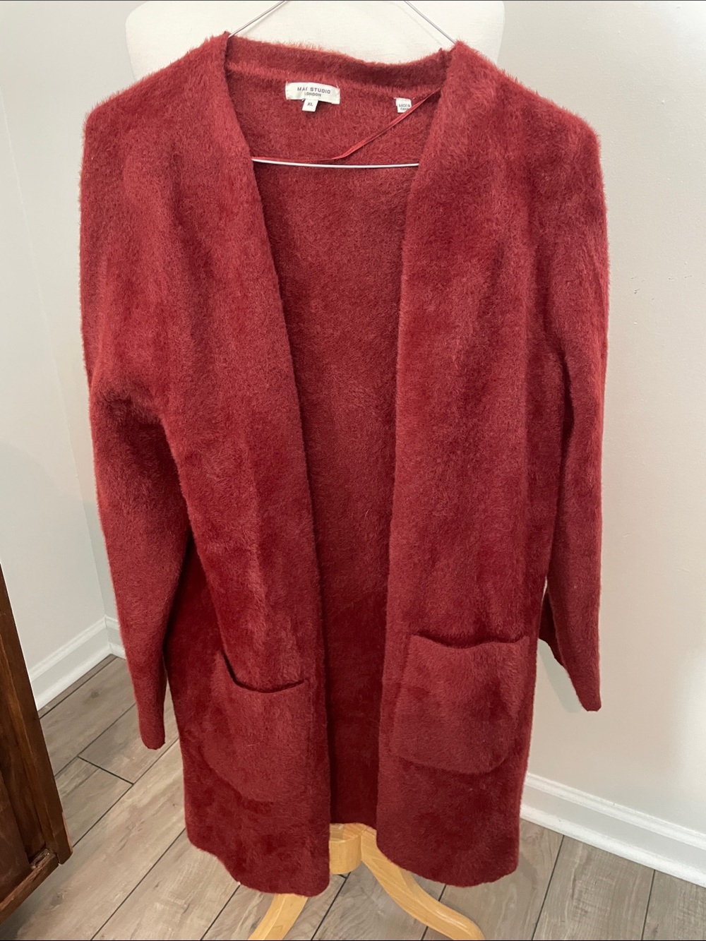 Max Studio Open-Front Fuzzy Cardigan in Brick Red